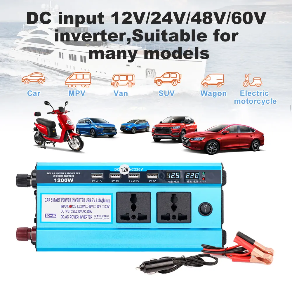 

Modified Sine Wave 2000W DC 12/24/48V To AC 220 VInverter Voltage Transformer Converter 4 USB LED Dual Display Inverter Socket