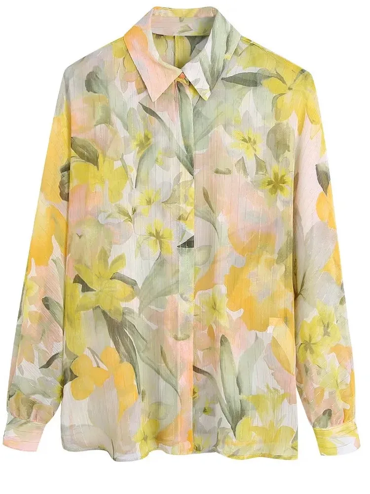 

Woman Sweet Yellow Floral Long Sleeve Shirt 2022 Spring Chic Female Soft Print Shirts Ladies Basic Button Tops