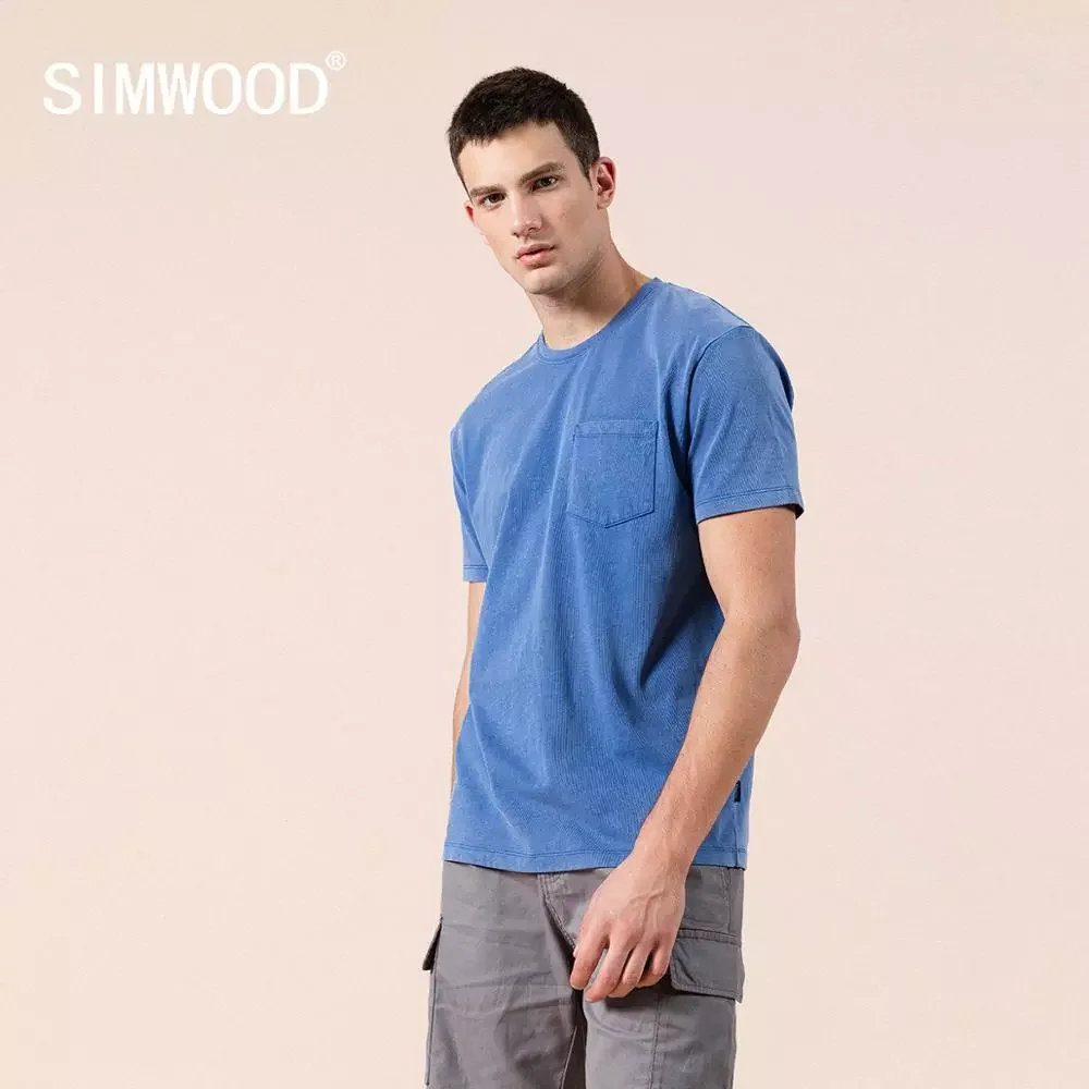 

NEW IN 2022 summer new blue t-shirt men 100% cotton snow wash casual t shirt chest pocket tops plus size clothing SJ110150