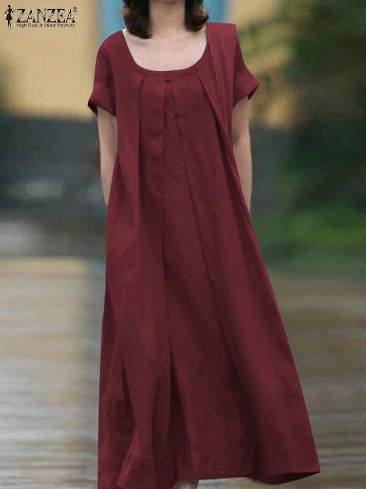 

Элегантное женское летнее однотонное платье ZANZEA до середины икры с коротким рукавом, модное Плиссированное плявечерние нее платье, свободн...