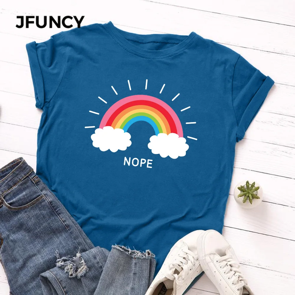JFUNCY Women T-shirt Rainbow Clouds Print Tops Summer 100% Cotton Woman Tshirt  Loose Tees Female Streetwear Tshirt