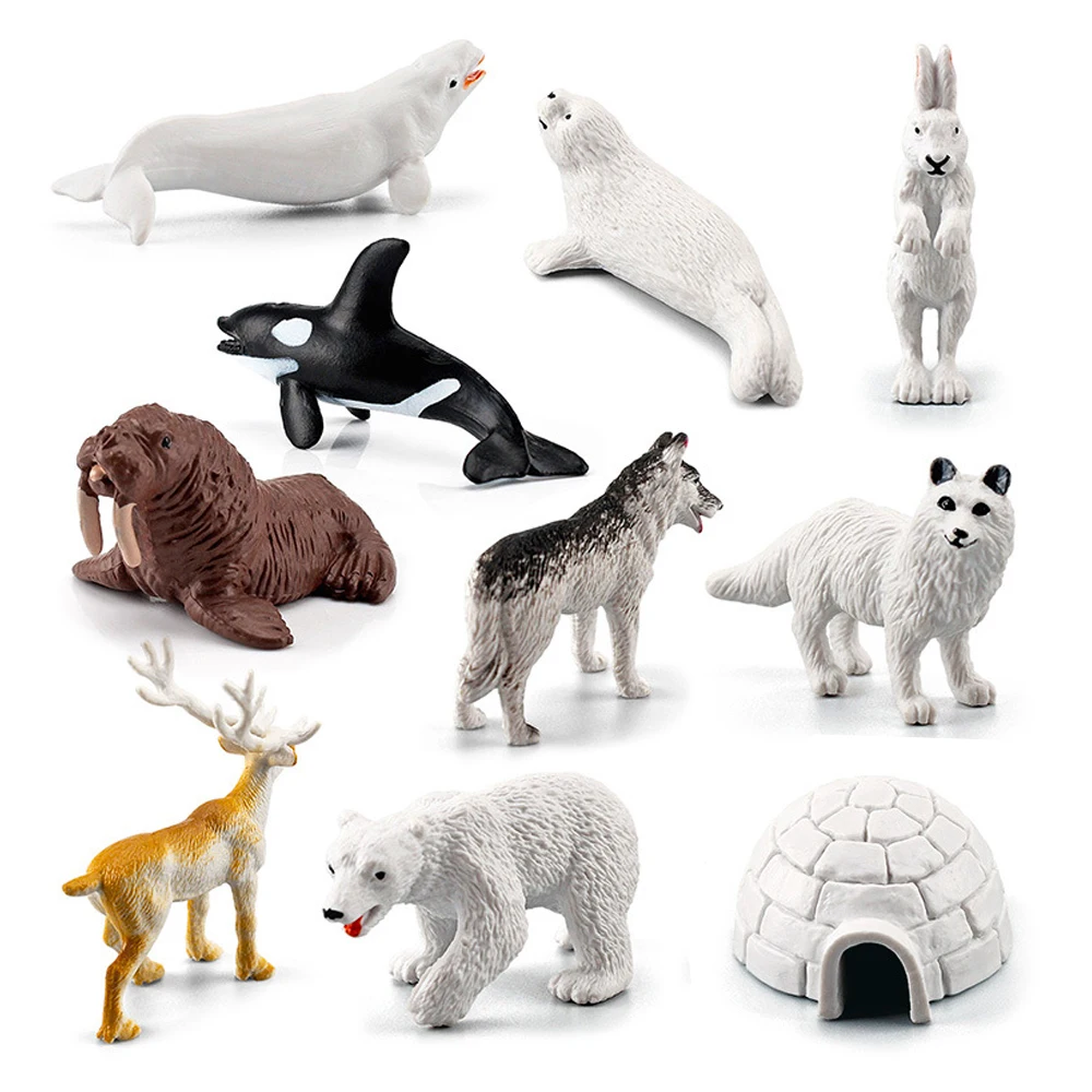 

Polar Animals Model Figurine Toy Arctic Animal Figures Polar Bear Reindeer Seal Wolf Rabbit Arctic Fox Igloo 10PCS Set Toy Gift