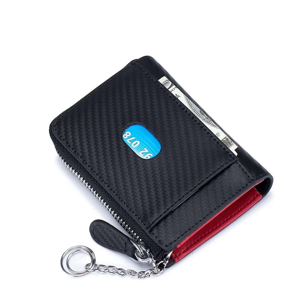 

Rfid Business Card Cover Genuine Leather Carbon Fiber Wallet for Men Zipper Coin Purse Chain Credit Card ID Badge Holder Bag