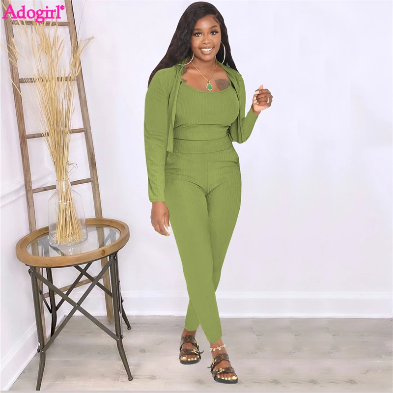 

Adogirl однотонные трикотажные ребристые комплекты из 3 предметов Топ короткий топ с длинным рукавом короткий кардиган пальто брюки-карандаш осенние зимние костюмы
