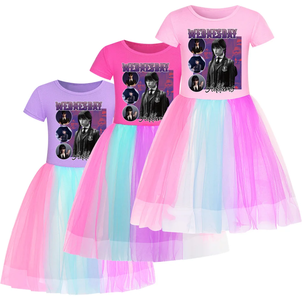 

Girls Dresses 3D Wednesday Addams Family Princess Party Dress Children's Vestidos Birthday Easter Cosplay Clothes Kids Costumes