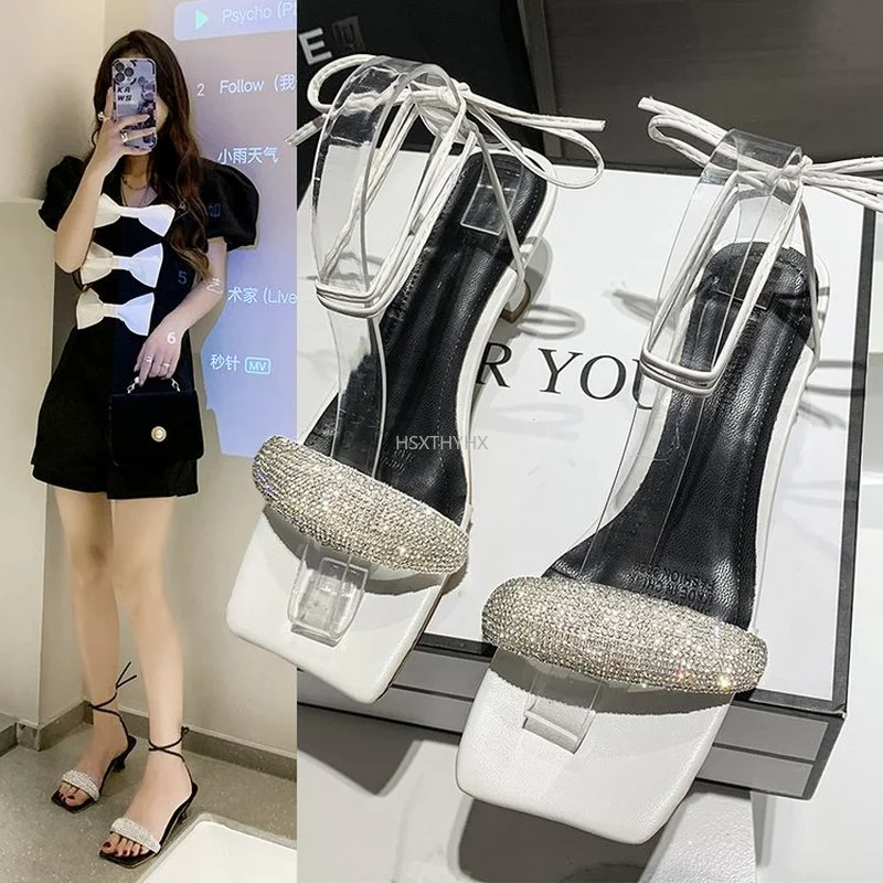

2022 Western Style Open-toed Latest Design Rhinestone High Heel Shoes Women's Summer Crossover Strap Mid Heel Slippers