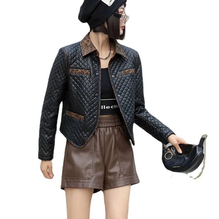 KoHuiJoo  2022 Autumn Winter New Plaid Leather Jacket Women Coats Leopard Patchwork Korean Washing PU Casual Leather Coat Short