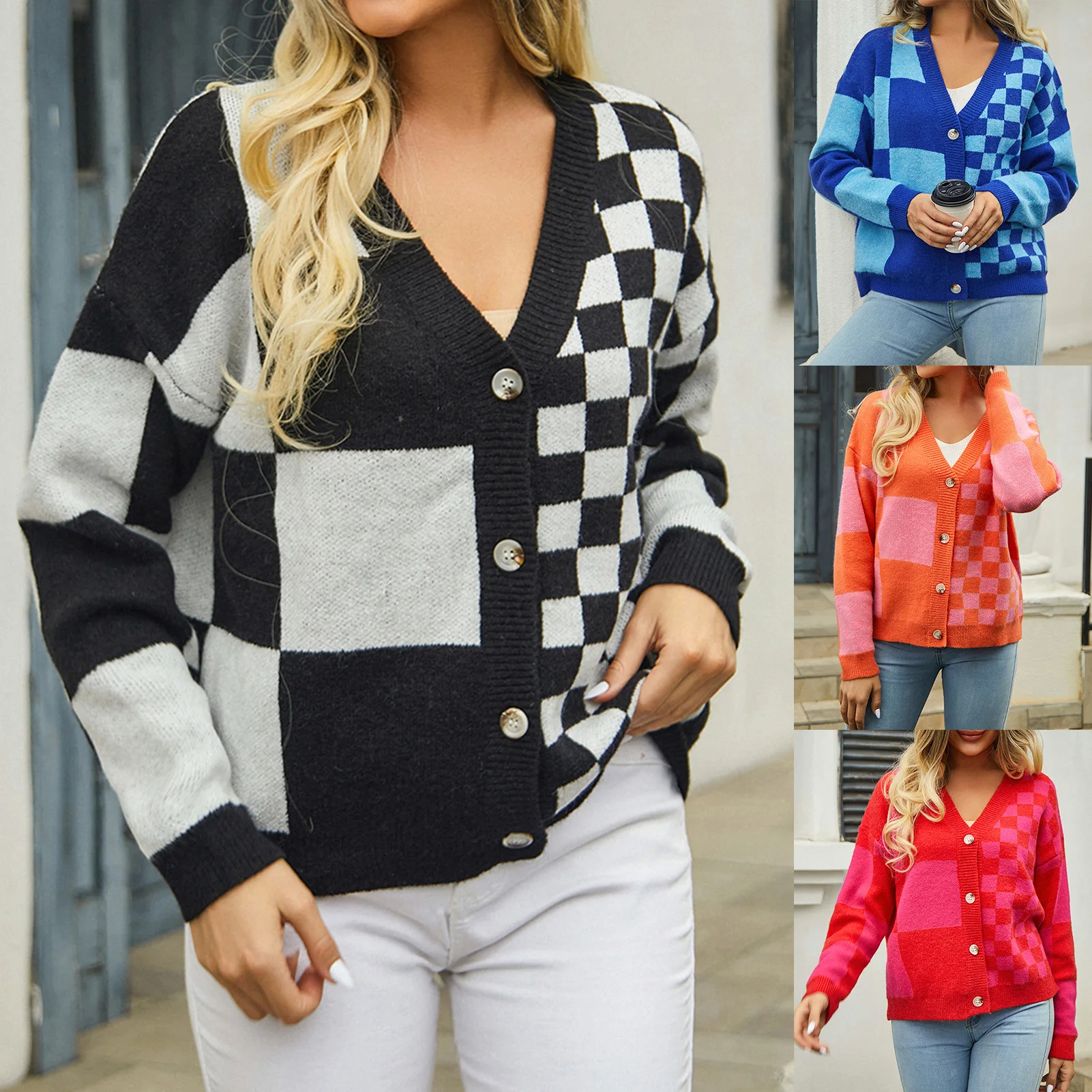 

Women Autumn Winter Plaid Cardigan Korean Streetwear Checkerboard Sweater Single Breasted Loose Casual Temperament Y2k Clothing