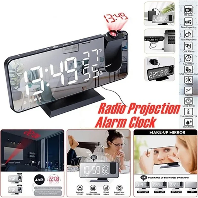 

Radio Projection Alarm Clock USB Charging Digital Alarm Clock LED Mirror Display Temperature and Humidity Electronic Clock