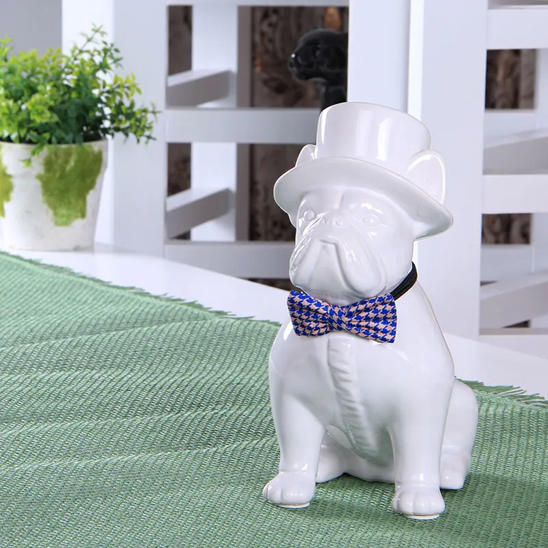 

Ceramic White Gentleman Dog Statue Home Decor Crafts Room Decoration Office Study Bulldog Ornament Porcelain Animal Figurines