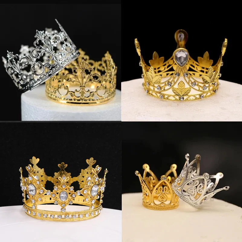 Metal Round Crown Cake Topper Rhinestone Hair Crown Cupcakes Baking Decorations For Birthday Party Wedding Bridal Tiara Headwear