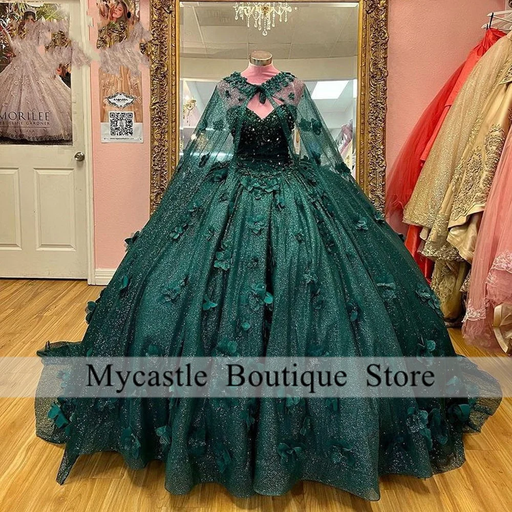 

Emerald Green Beading Crystal Quinceanera Dress With Cape Ball Gown Sleeveless 3D Flowers Corset Vestido De 15 Anos