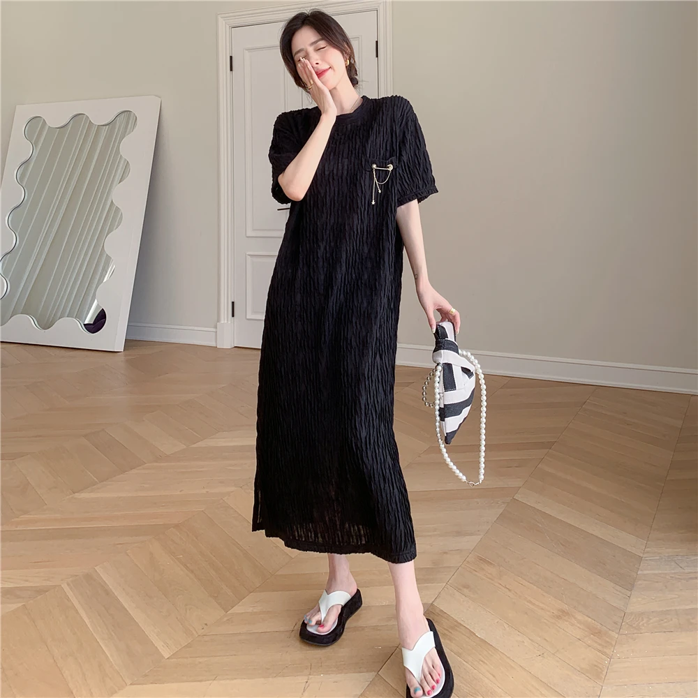 

L-3XL Women O-Neckline Knee-length Draped Dress Short Sleeve Loose Swing Dress Female Casual Straight Dresses Maxi Dress New