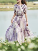 free shipping 2022 new fashion long maxi summer chiffon short sleeve big hem boshow women ruffles print elastic waist dress