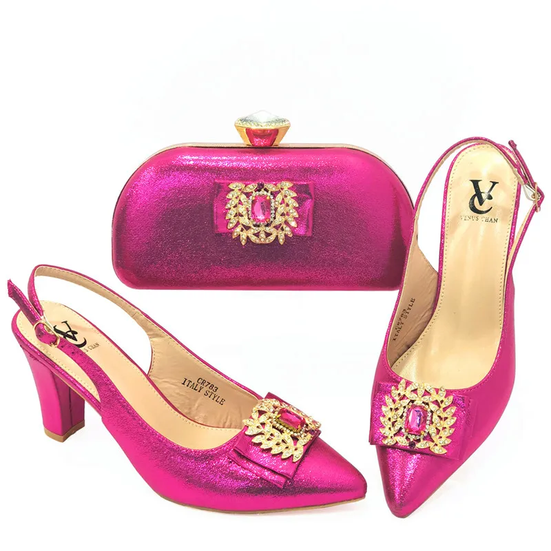 Fashionable Italian Women Shoes Matching Bag in F.Pink Color Mature African Ladies Comfortable Heels Sandals for Party