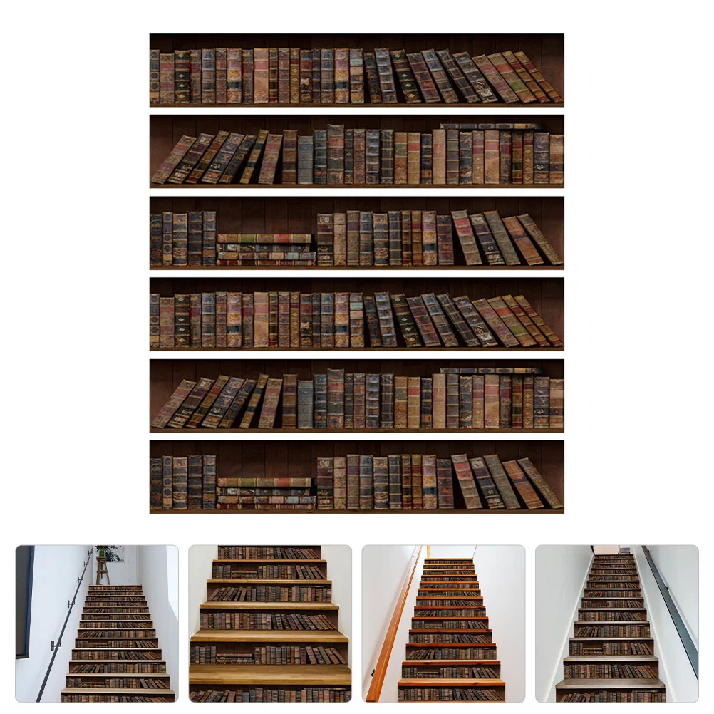

Stair Decals Stickers Book 3D Bookshelf Riser Mural Removable Staircase Sticker Retro Pattern Vintage Wall Bookcase Risers
