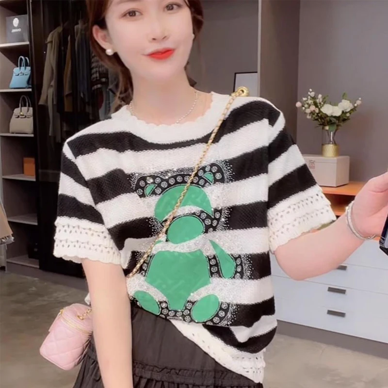 

T-shirts Top Women Diamond Cartoon Print Striped T-Shirt Women's Shirt 2022 Summer Fashion Woman Tshirts