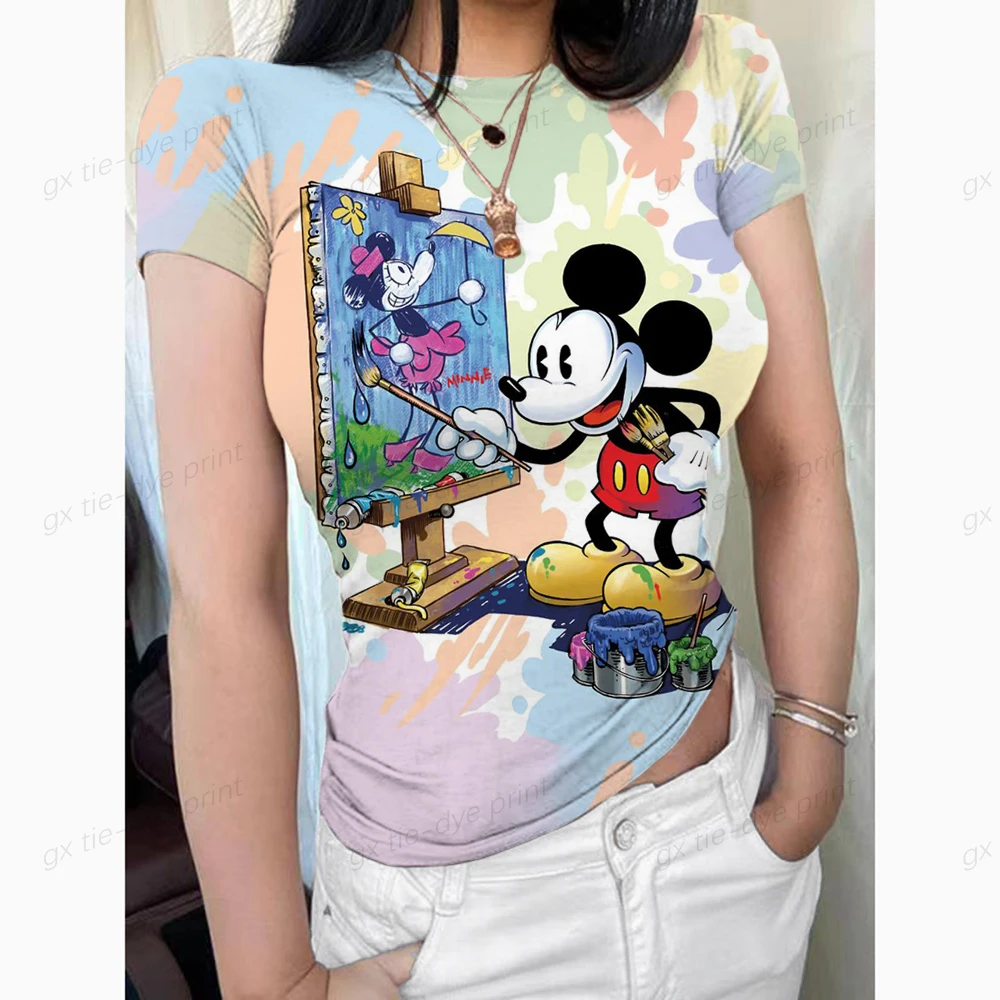 

Thin Summer Top Sexy T Shirt Disney Minnie Mickey Mouse Elasticity T-Shirt Korean Style Woman Clothes Slim Tshirt Female Tops