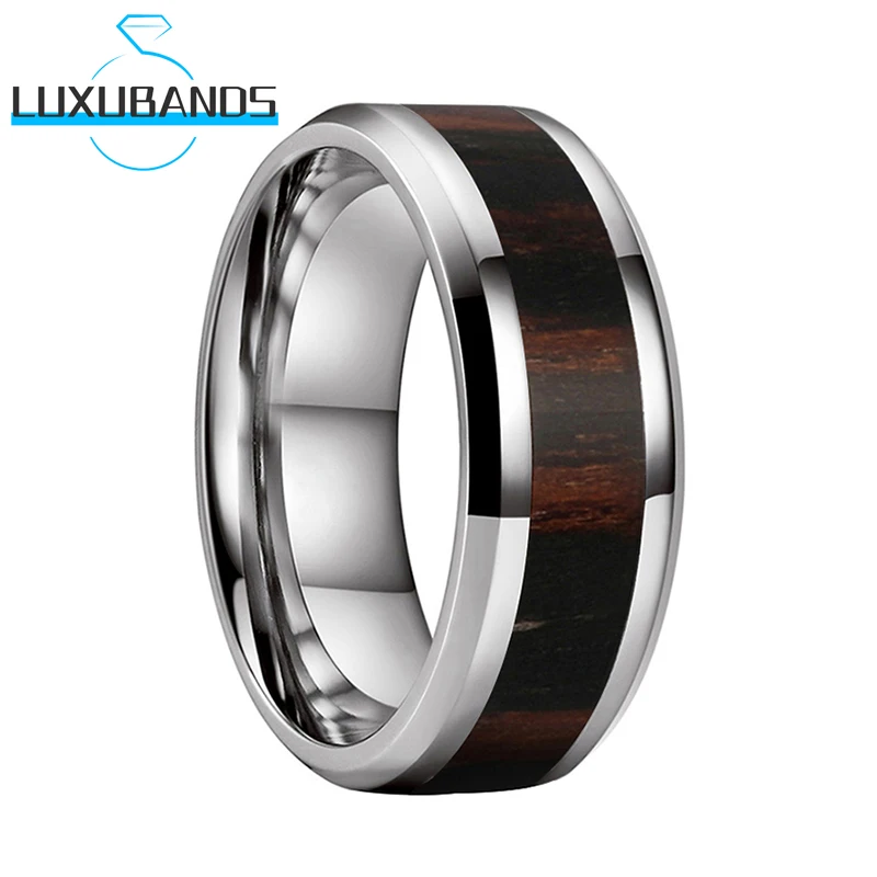 

Tungsten Carbide Men Women's Ring 6mm 8mm Beveled Edges Multi-Wood Inlay High Quality Engagement Polished Finish Comfort Fit