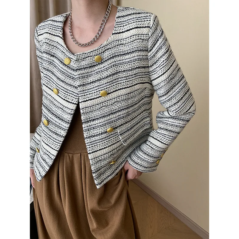 

Women's Line Thick Tweed Jacket Double Row Gold Button Coat