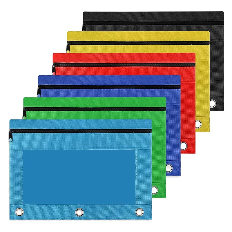 PPYY-6 Pack Colorful 3 Ring Zipper Pencil Pouch Fabric Pencil Case Sturdy AU Durable Binder Pouch with Clear Window Suitable