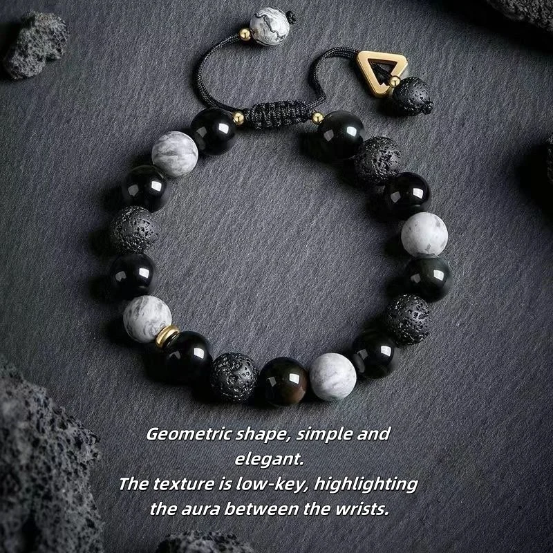 Простой геометрический браслет из бисера вулканического камня для мужчин