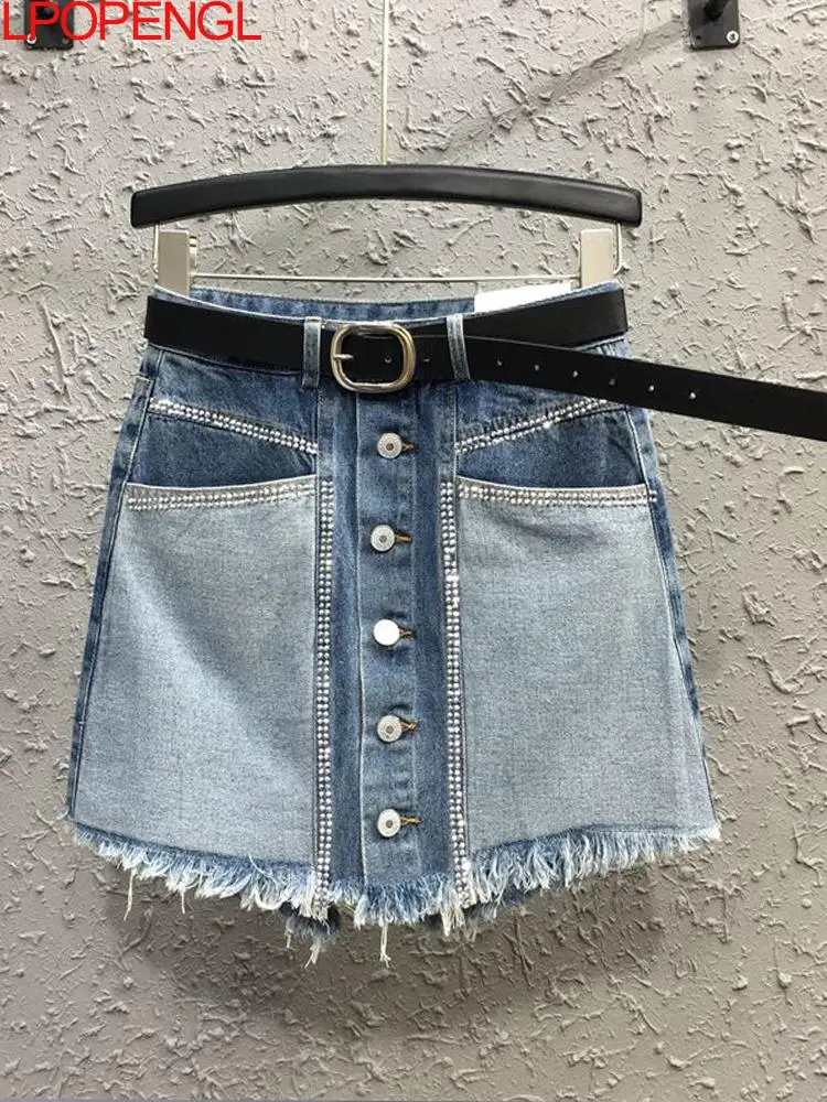 

Solid Color Hot Drill Women's Single-breasted High Waist A-line Thin Denim Shorts Streetwear 2022 Summer Double Big Pocket Skirt