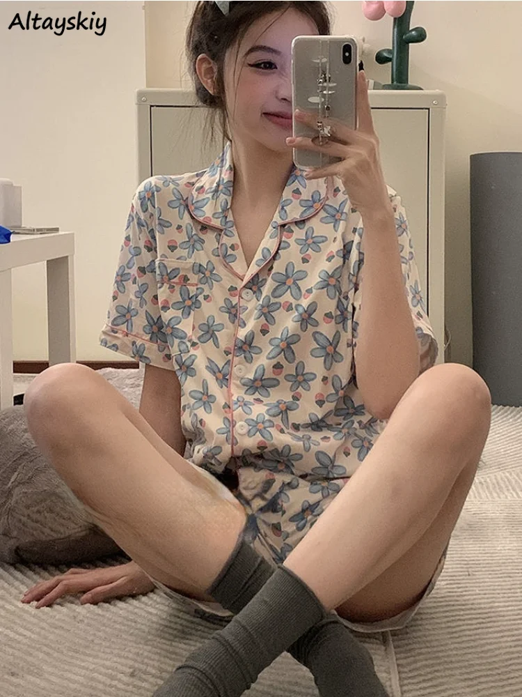 

Pajama Sets Women Summer Print Turn-down Collar Ulzzang Home Sleepwear Loose Lovely Comfortable Students Roupas Femininas Simple