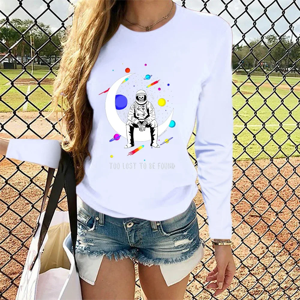 2021wish Amazon осенняя новая женская футболка с буквенным принтом и лунным астронавтом