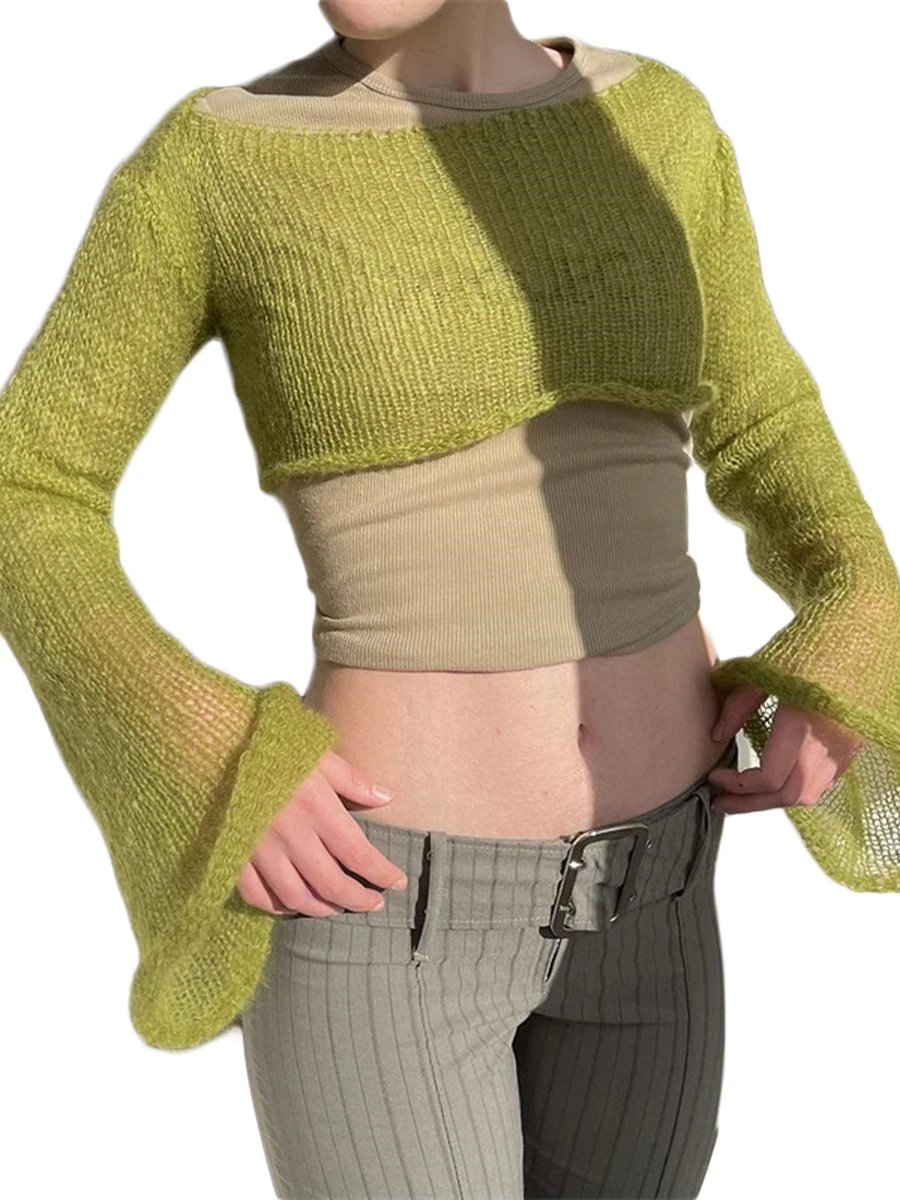 

Женский ТРИКОТАЖНЫЙ УКОРОЧЕННЫЙ ТОП s Y2k, цветная футболка с длинным рукавом и вырезом, дышащий пуловер с защитой от солнца, вязаный крючком ...