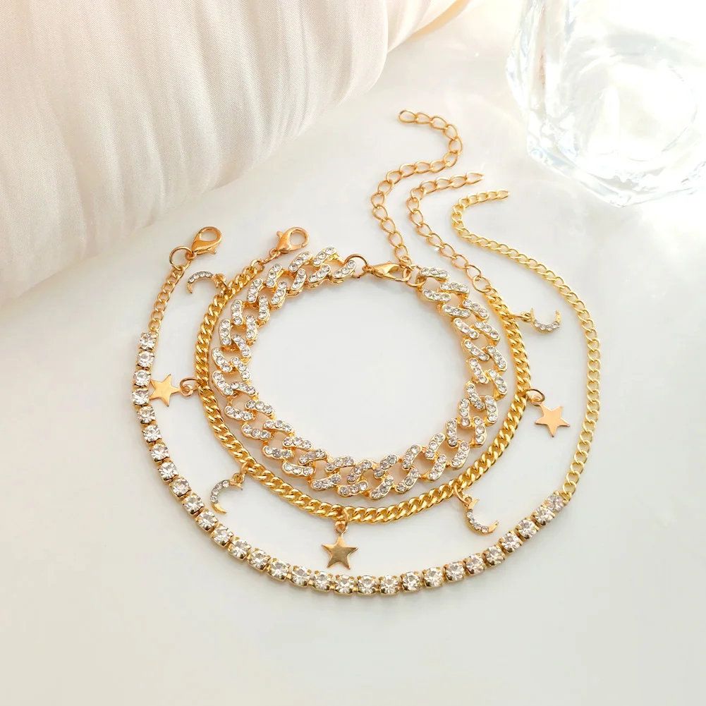 Женские браслеты из кубинской цепи Flatfoosie 3 шт. модные со сверкающими звеньями