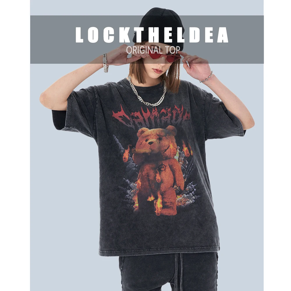 

LockTheIdea Bear Print Y2k Women's Cotton T-shirt Woman Summer 2022 Vintage Harajuku Oversize Short Sleeve T-shirts For Girls
