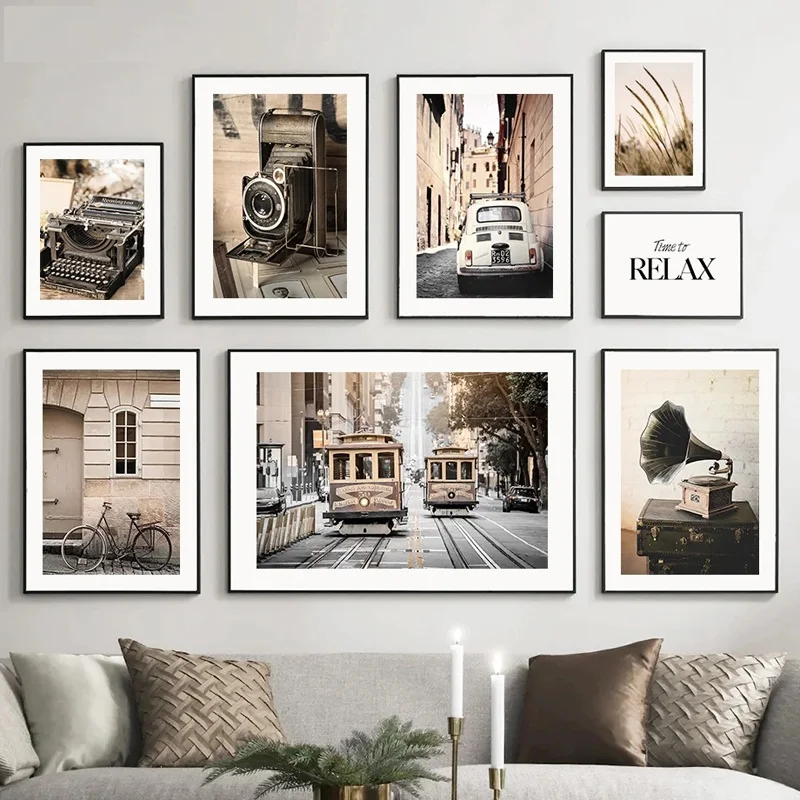 Bicycle Typewriter Art Canvas Painting Nordic Printing Canvas Picture Reed Poster Shopping Mall Decor