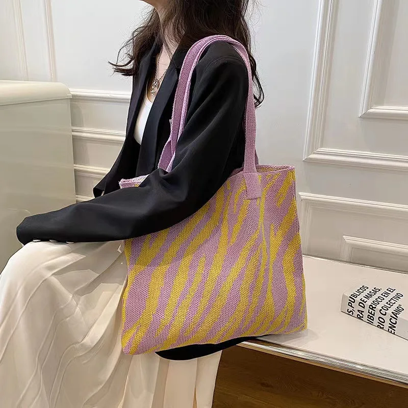 The New 2023 Knitting Bag Fashion One Shoulder Bag Striped Bag Large Capacity Tote Bags Handbag Restoring Ancient Ways Purses