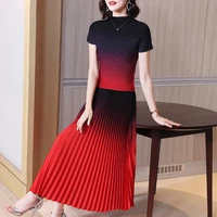 womens two peice sets 2022 summer new fashion elastic miyake pleated gradient colour short sleeved top skirt suit female