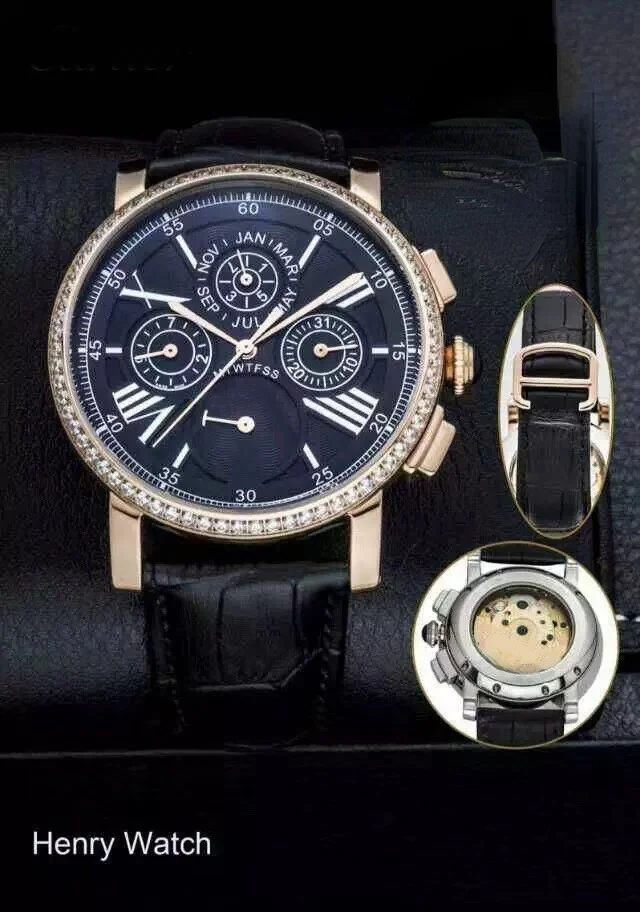 

Мужские механические часы цвета розового золота с автоматическим двойным временем с синими кожаными бриллиантами