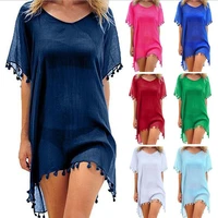 womens beach cover up dress lace hollow swimsuit chiffon tassels skirts 2022 summer fashion ladies loose solid beach wear tunic