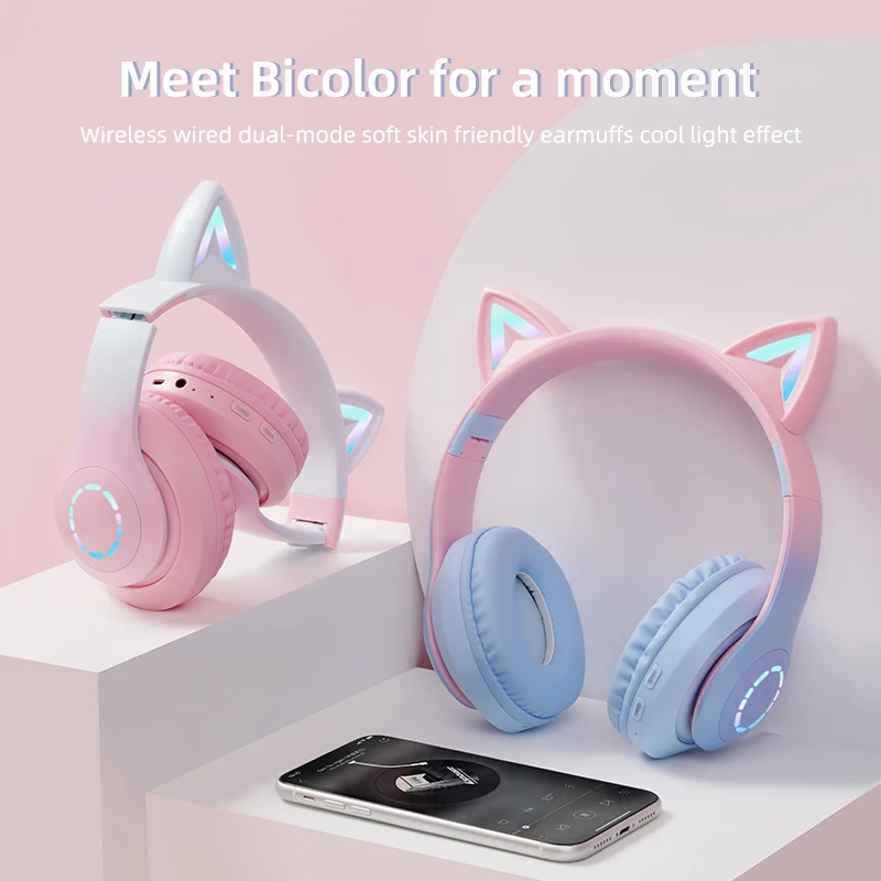

Cute Cat Ears Wireless Headphones LED Flash Light Built In Mic Stereo Music Bluetooth Earphones for Kids Girls Helmet Phone Perf