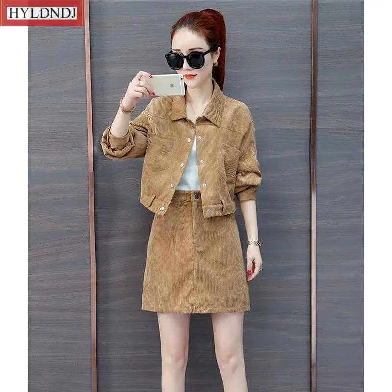 

2023Spring Autumn New Coat Korean Version Suit Female Style Outfit Top Fashion Corduroy Set Skirt Slim Foreign Two-Piece Women's