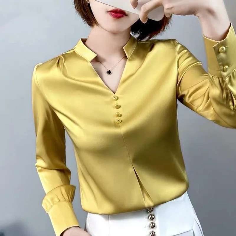 Elegant Fashion Office Lady Satin Shirt Women Clothing 2022 Spring New Commuter Casual Long Sleeve Loose V-Neck Pullover Blouse