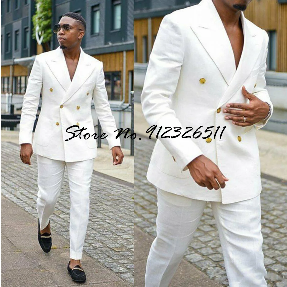 

2022 повседневные летние пляжные мужские официальные двубортные белые костюмы смокинг для жениха мужской костюм homme 2 шт (пиджак + брюки)