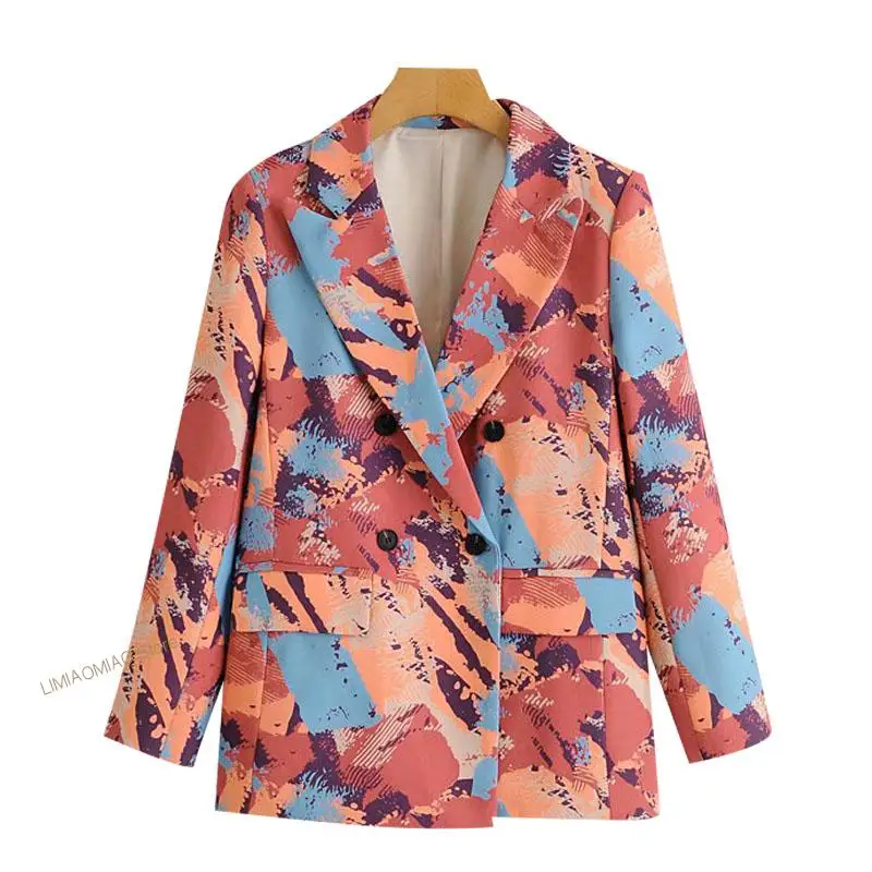 

New Women Fashion Double Breasted Print Blazer Coat Vintage Long Sleeve Pockets Female Outerwear Chic Tops