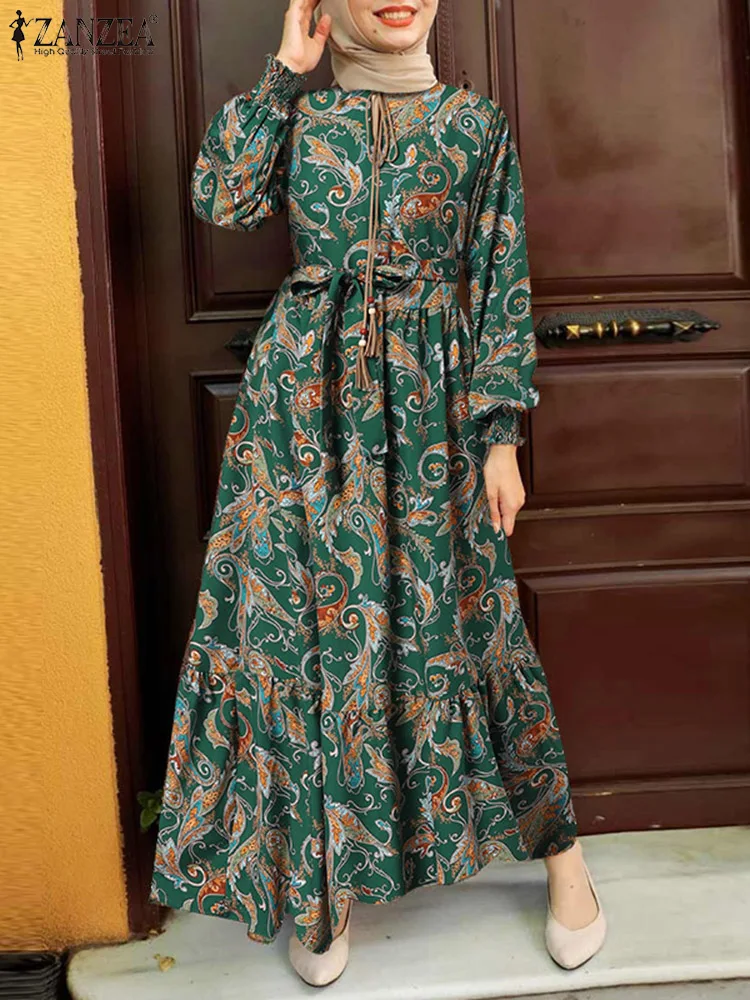 2023 ZANZEA Spring Muslim Dress Loose Women Printed Floral Sundress Casual Long Sleeve Abaya Hijab Maxi Vestidos Robe Oversized
