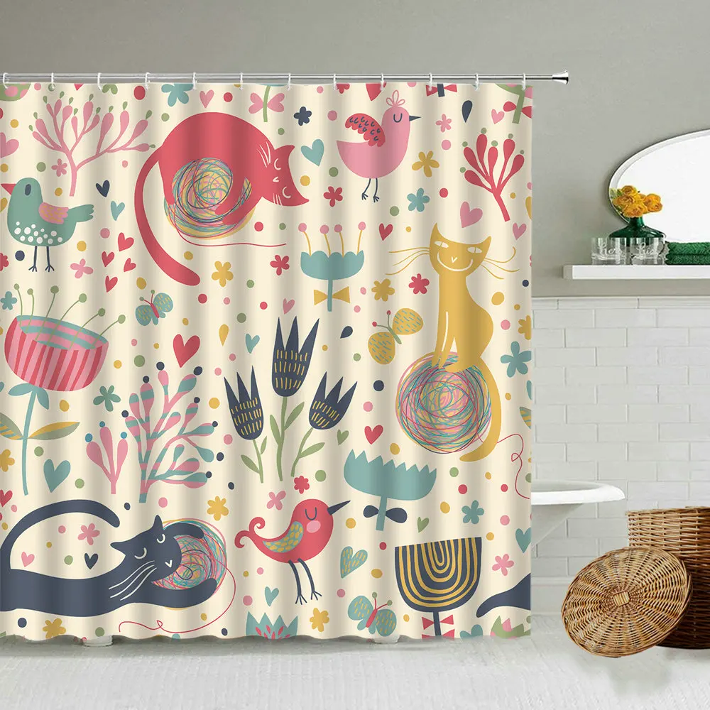 

Cartoon Animal Shower Curtain Cat Bird Rabbit Plant Flower Kids Bathroom Decor with Hooks