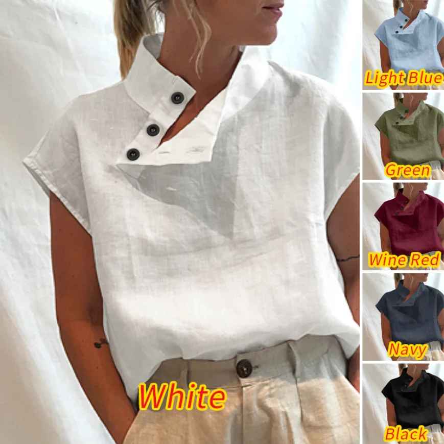Women Stand Collar Loose T-Shirt 2023 Fashion Patchwork Net Hollow Out Blouse Tops Casual Short Sleeve Cotton Linen Shirts Blusa