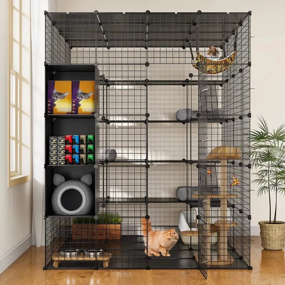 

Большая клетка для кошек внутри помещения с кубиком для хранения, для самостоятельной сборки, для улицы, корпуса для кошек Catio, металлический манеж для кошек с гамаком на платформе для 1-4 кошек