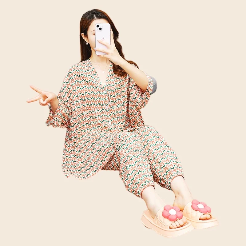Women's Homewear Pajamas Set Full Sleeve Long Pants Flower Print Casual Pyjama Big Size Cozy Cotton PJS