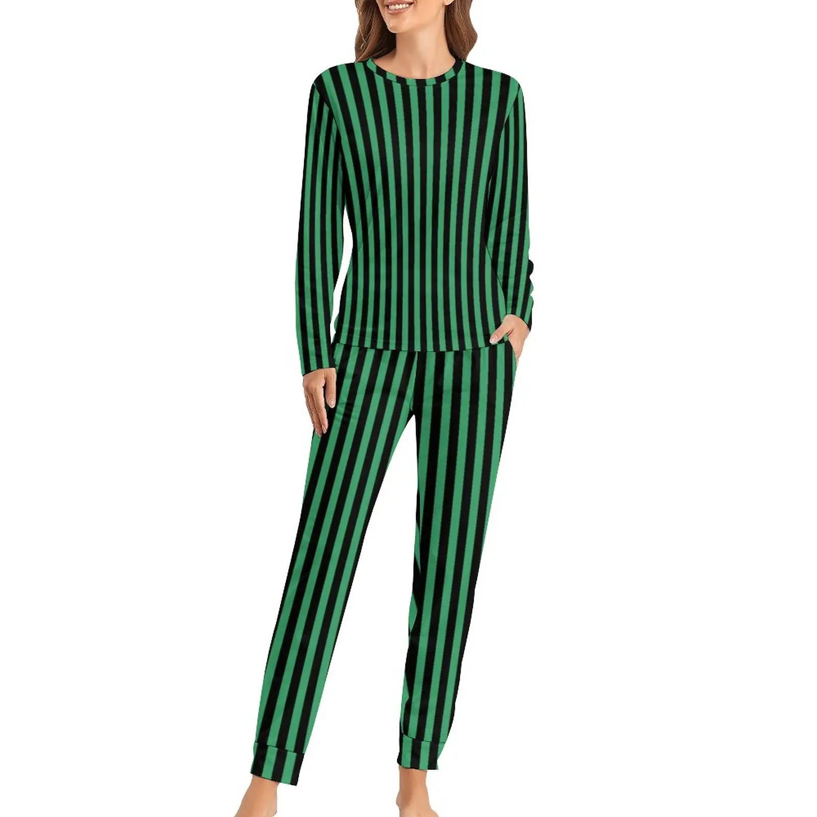 

Candy Stripes Pajamas Green and Black Line Two Piece Loose Pajama Set Female Long-Sleeve Retro Oversized Nightwear