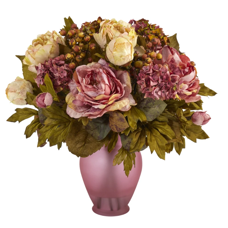 

16in. Peony Artificial Arrangement in Rose Colored Vase, Pink