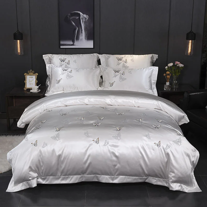 

Luxury White Butterfly Embroidery Satin Jacquard Cotton Bedding Set Soft Silky Duvet Cover Bed Linen Fitted Sheet Pillowcases